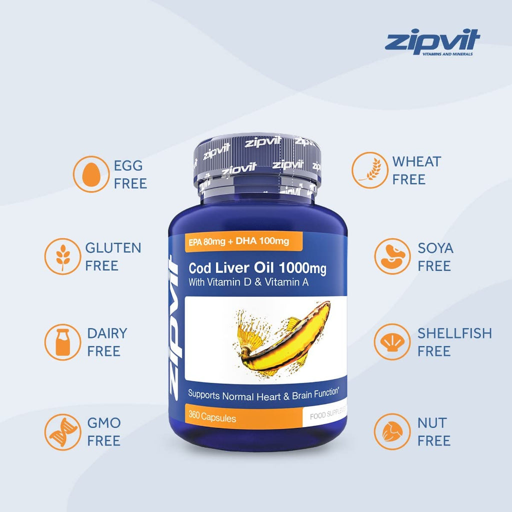 Cod Liver Oil 1000mg, 360 Capsules of High Strength Fish Oil, Rich in Omega 3. Supports ZipvitBuy Supplements Australia