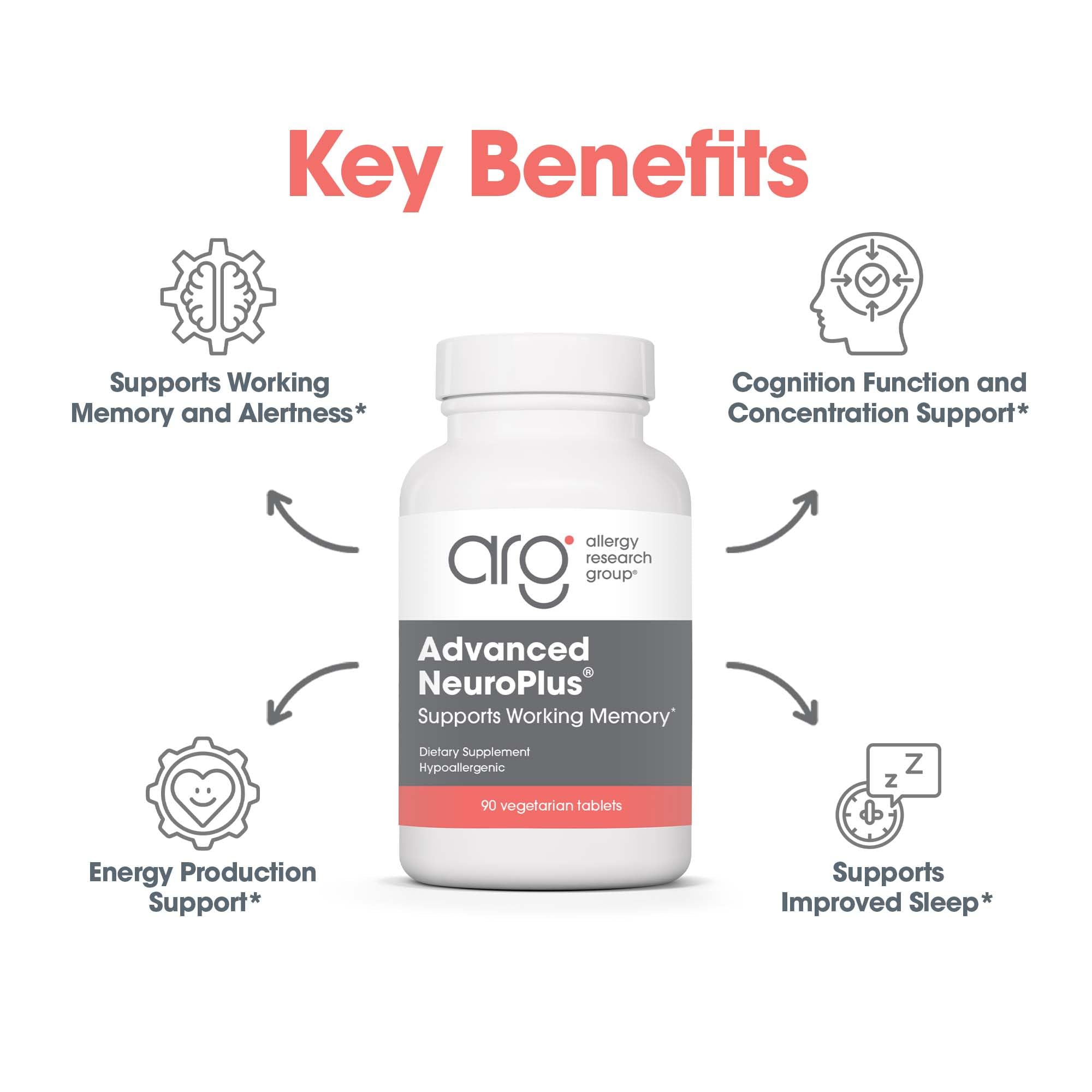 Allergy Research Group Advanced NeuroPlus - Nootropic Formula with Spearmint Extract, Lions Mane & Citicoline - Supports Working Memory Focus & Cognitive Function - 30 Servings - 90 Tablets Allergy Research Group buy supplements Au