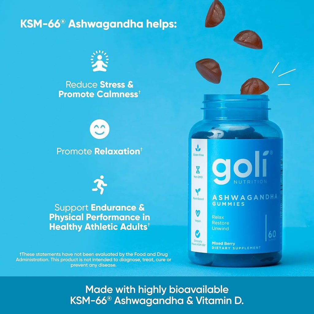 Goli Ashwagandha & Vitamin D Gummy - 60 Count - Mixed Berry, KSM-66, Vegan, Plant Based, Non-GMO, Gluten-Free & Gelatin Free Relax. Restore. Unwind, Pack of 1 GoliBuy Supplements Australia