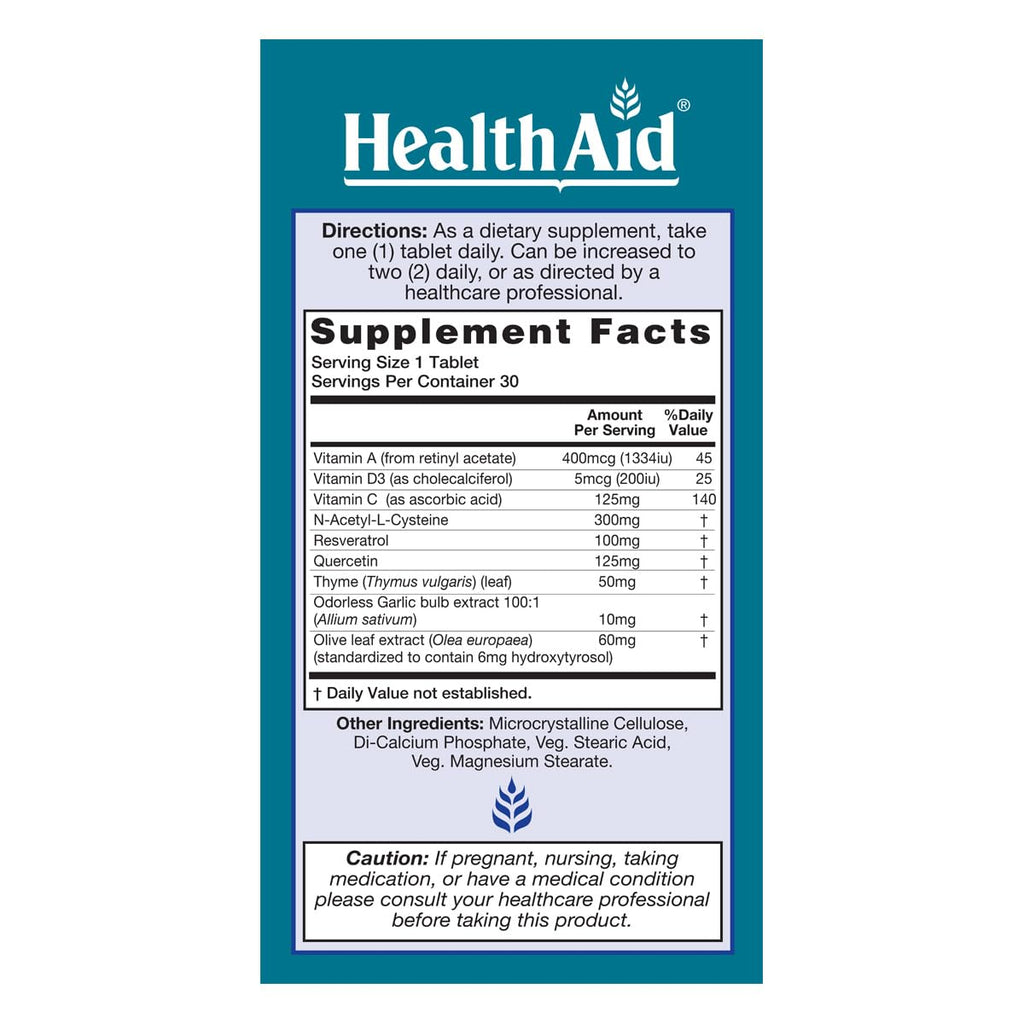 HealthAid LungForte 30 Tablets – Daily Antioxidant Lung Support with NAC, Resveratrol, Olive Leaf, Thyme & Vitamins A, C & D3 – Vegetarian, Non‑GMO HealthAidBuy Supplements Australia