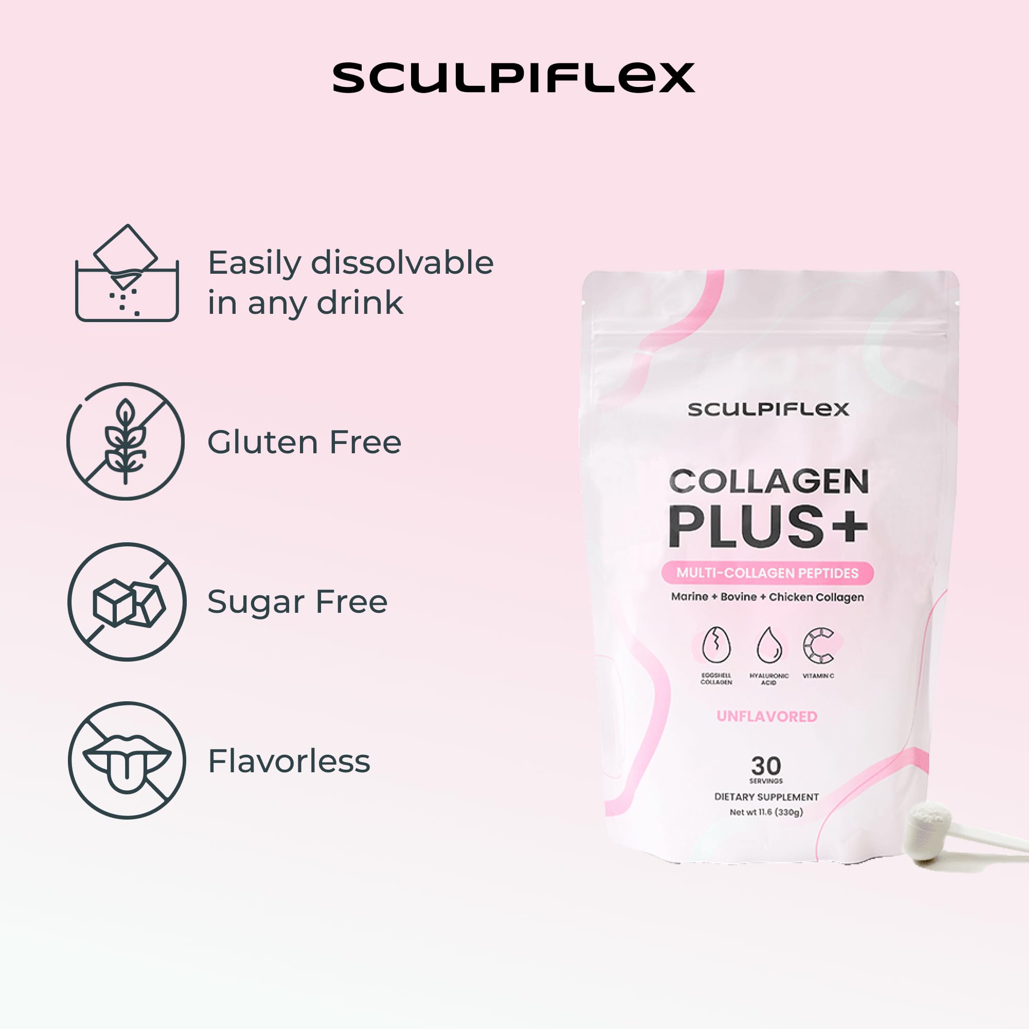 Sculpiflex Hydrolyzed Collagen Peptides Powder, Marine, Bovine, and Chicken Unflavored Multi Collagen Complex for Women, Firms Skin and Boosts Elasticity, Hydrating with Hyaluronic Acid (30 Servings) SCULPIFLEX buy supplements Au