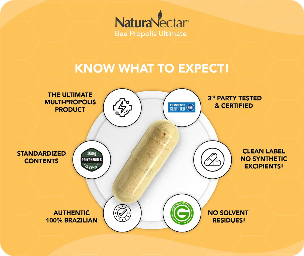 NaturaNectar - Ultimate Bee Propolis Capsules - NSF Contents Certified -Brazilian Red, Brown, & Green - Gluten-Free Supplement with Flavonoids - Naturally Sourced Through Ethical Beekeeping (60pcs.) NaturaNectarBuy Supplements Australia