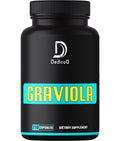Black dietary supplement bottle labeled 'Graviola' with DedicaD branding on a white background