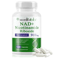 Supplement bottle labeled 'NAD+ Nicotinamide Riboside' with capsules on a white background