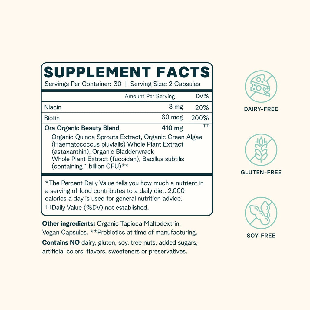Ora Organic Hair, Skin, and Nails Support- BeYouTiful - Beauty Supplement with B Vitamins and Algae Extracts for Healthy Hair and Skin - 60 Vegan Capsules Ora OrganicBuy Supplements Australia