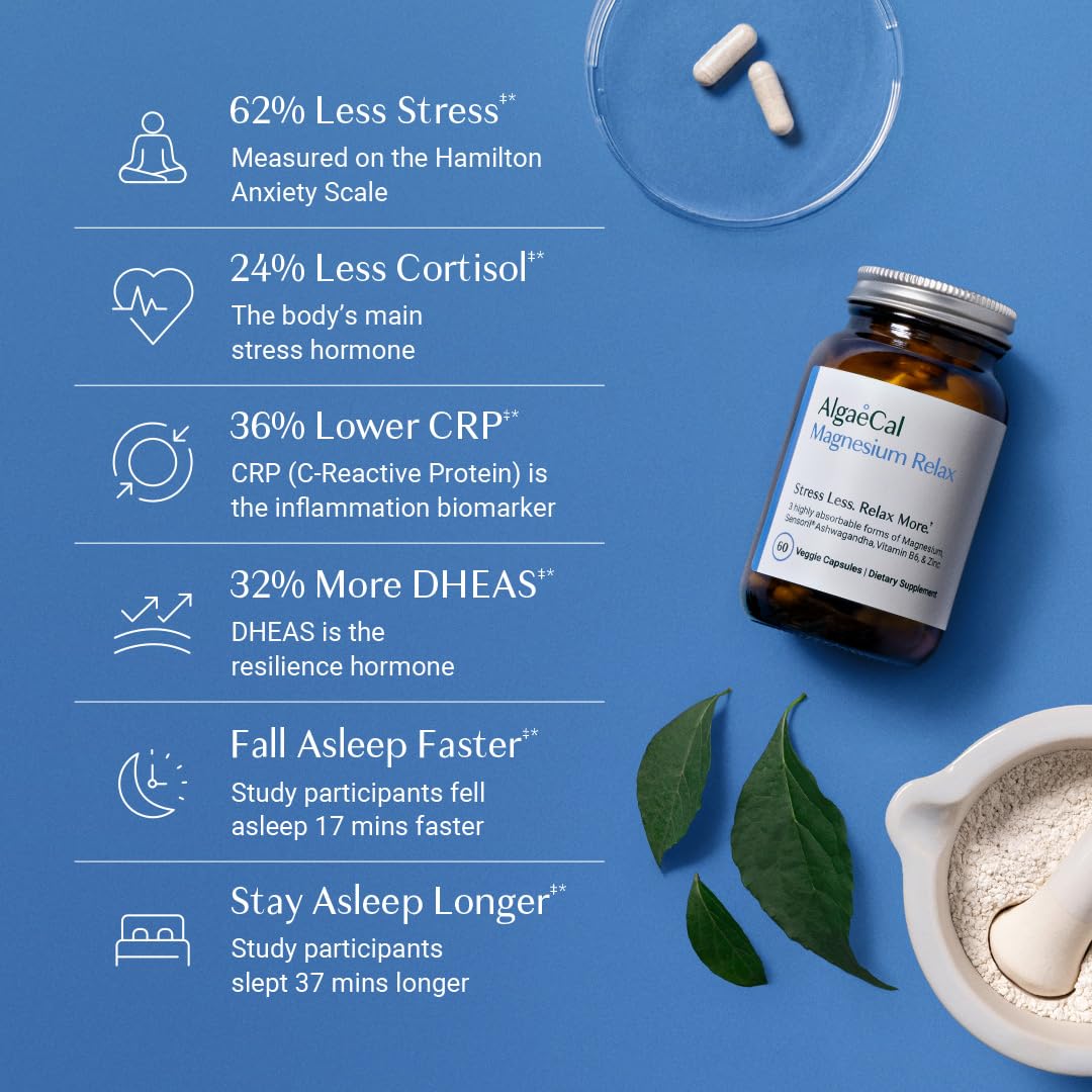 AlgaeCal Magnesium Relax™ - Chelated Magnesium with Ashwagandha for Sleep & Occasional Anxiety - Glycinate, Malate, Citrate - Sleep, Mood, & Cortisol Support (60 Caps - 1 Month Supply) ALGAECALBuy Supplements Australia