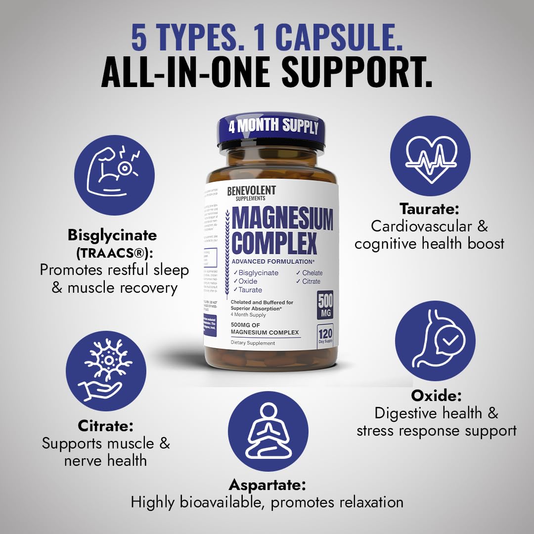 Magnesium Complex Supplement, 4 Month Supply of 500mg 5-in-1 Bisglycinate, Oxide, Taurate, Aspartate, Citrate, Max Absorption Magnesium Supplement for Calm, Sleep & Leg Cramps, 120 Capsule Benevolent Nourishment buy supplements Au