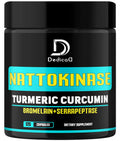 Black supplement jar labeled 'Nattokinase Turmeric Curcumin' with DedicaD branding.