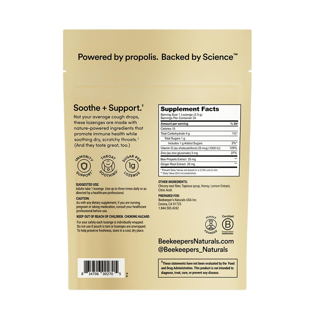 Beekeeper's Naturals Soothing Honey Ginger Lemon Cough Drops - Immune Support with Vitamin D, Zinc and Propolis Throat Soothing Lozenges, 24 Ct Beekeeper's Naturals buy supplements Au