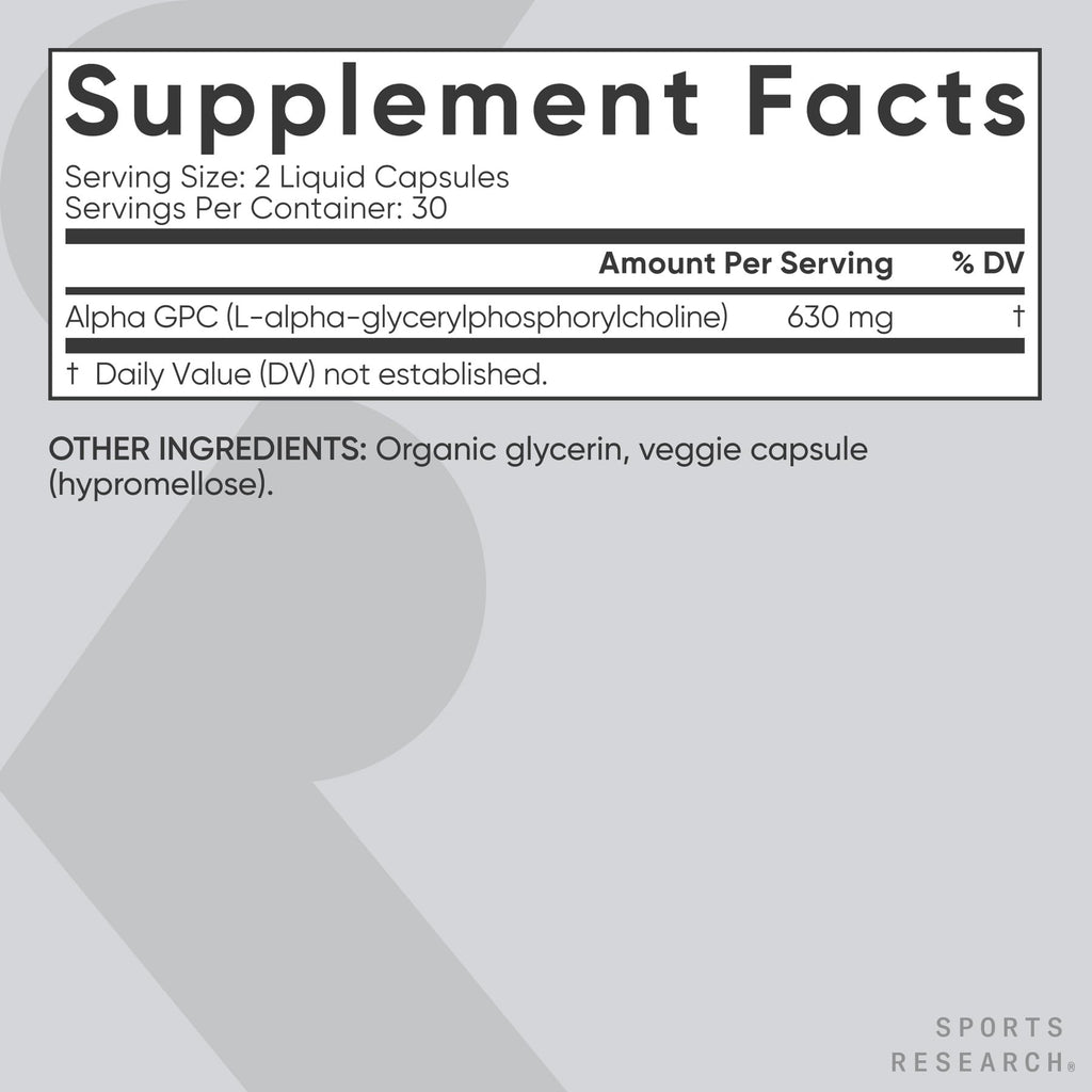 Sports Research® Alpha GPC 630mg (Extra Strength) - Bioavailable Source of Choline - Focus & Cognitive Support for Women & Men - Vegan Certified · Non-GMO · Gluten Free - 60 Liquid Capsules Sports Research buy supplements Au