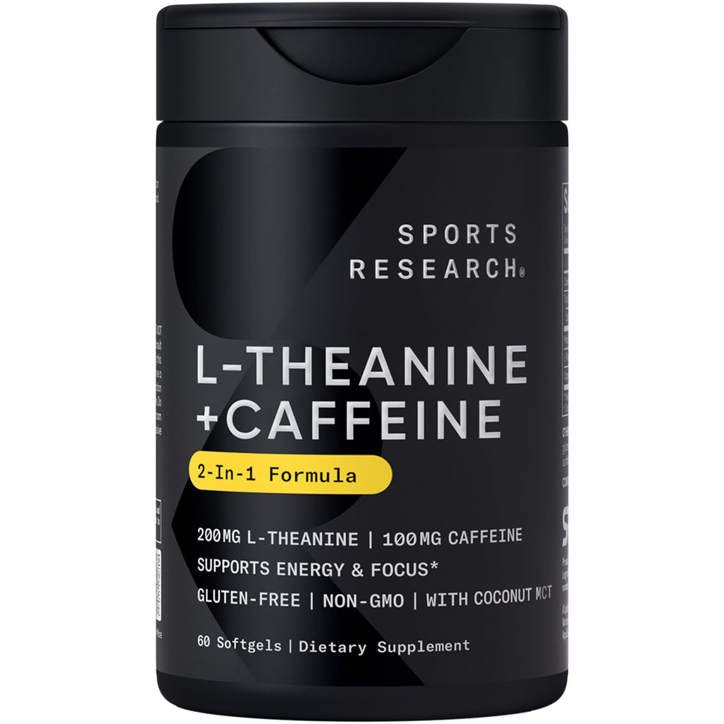 Sports Research L-Theanine Supplement with Caffeine & Coconut MCT Oil - Focused Energy, Alertness & Relaxation Without Drowsiness - 200mg L Theanine, 100mg Organic Caffeine - 60 Liquid Softgels Sports ResearchBuy Supplements Australia