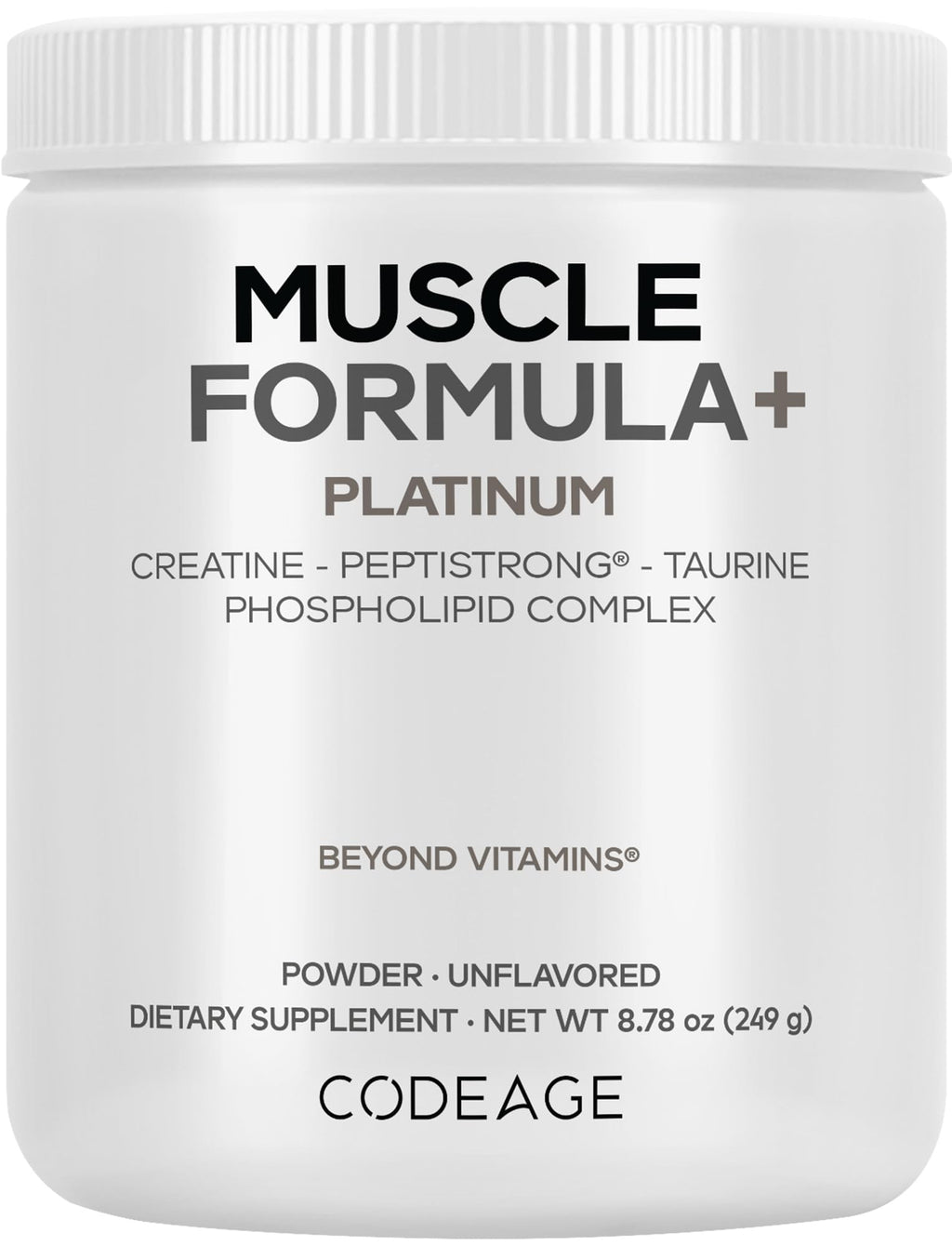 Codeage Muscle Formula+ Platinum Supplement - Creatine Monohydrate, PeptiStrong Fava Bean Protein Hydrolysate, Taurine, Vitamin D3, Liposomal Delivery - Non-GMO - Unflavored Protein Powder - 8.78 Oz CodeageBuy Supplements Australia