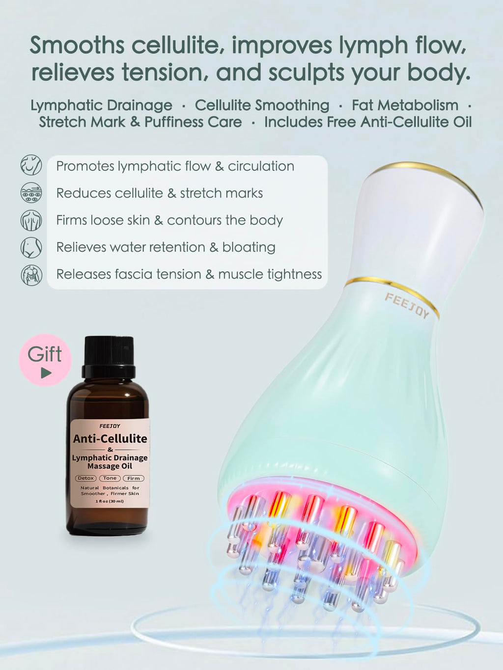 FEEJOY Lymphatic Drainage Massager & Massage Tool with Cellulite Oil, Body Sculpting Machine & Fascia Blaster for Cellulite with Microcurrent, Light, Heat & Vibration, for Legs, Arms & Belly FEEJOY buy supplements Au