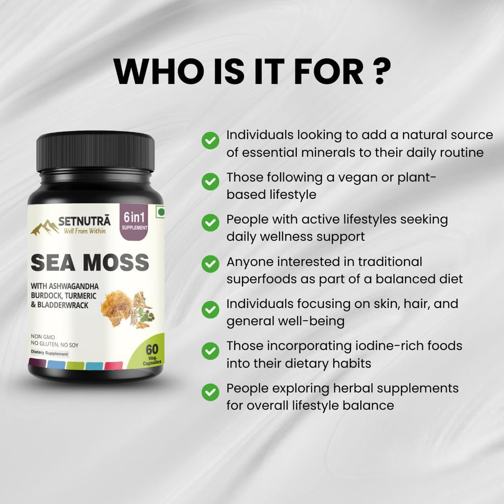 SETNUTRA Well From Within Sea Moss 6 in 1 Super Blend Ashwagandha Burdock Turmeric & Bladderwrack Immunity & Detox Support 60 Veg Capsules Non GMO No Gluten SETNUTRA Well From Within buy supplements Au