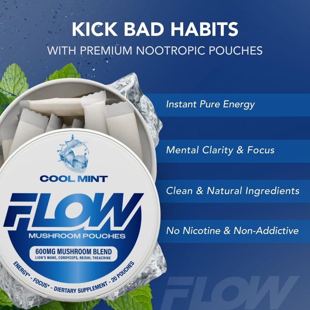 Flow Pouches Mushroom Nootropic Pouches - 600mg Organic Mushroom Energy Ultra Pouches with Lion's Mane, Reishi, Cordyceps for Focus & Clean Energy - Zero Caffeine or Sugar (5 Can Pack, Cool Mint) Flow PouchesBuy Supplements Australia