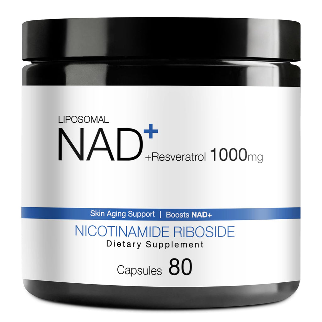 Supplement container labeled 'Liposomal NAD+ Resveratrol 1000mg' on a white background