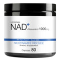 Supplement container labeled 'Liposomal NAD+ Resveratrol 1000mg' on a white background