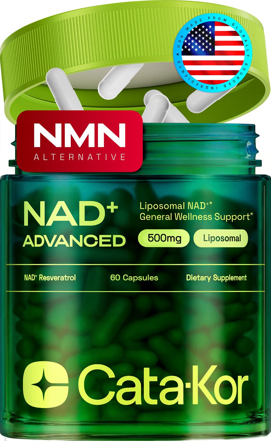 Supplement container labeled 'NAD+ Advanced' by Cata-Kor with NMN logo and USA flag badge.