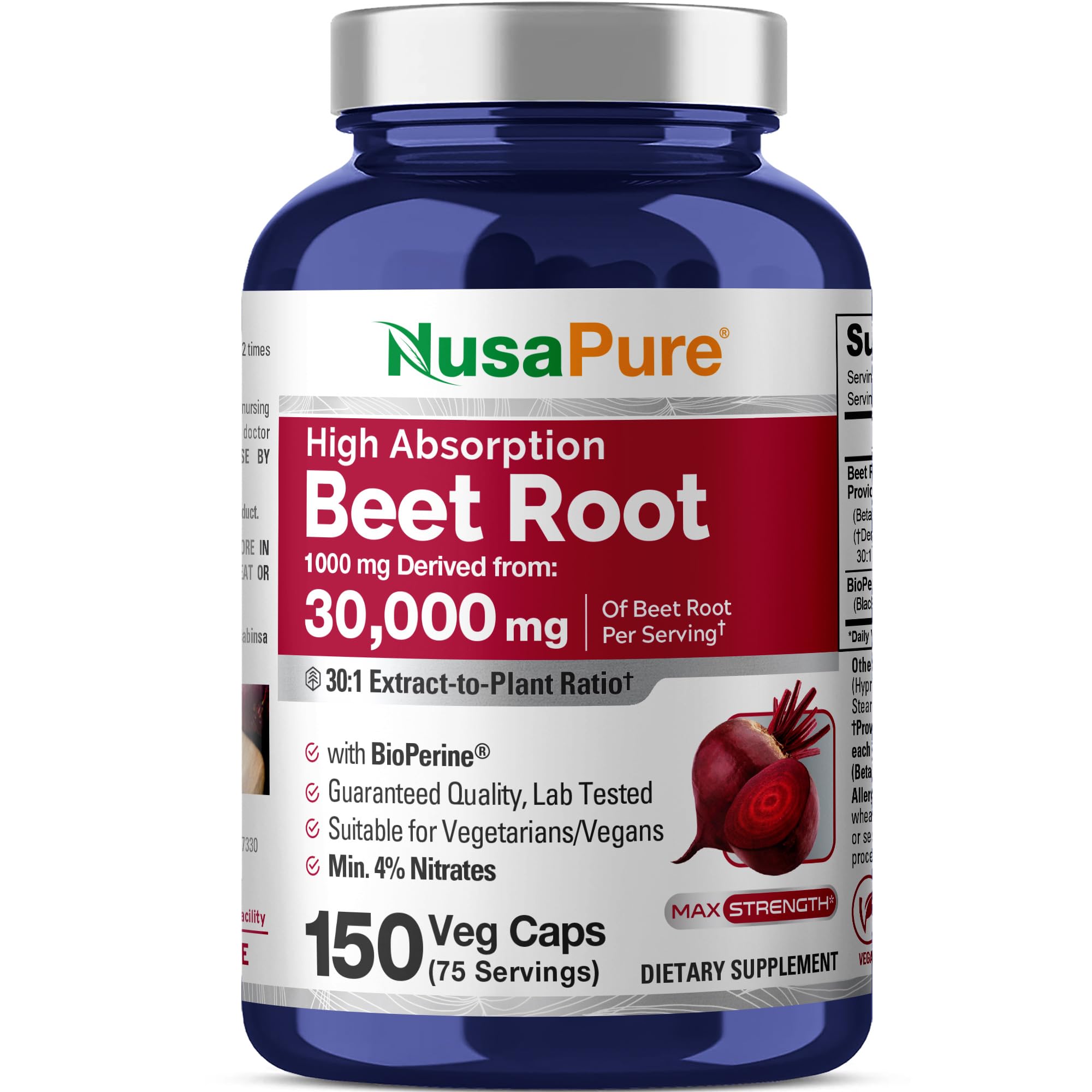 NusaPure Beet Root 30:1 Extract, 1000 mg Equivalent to 30,000 mg 150 Veggie caps (Vegan, Non-GMO & Vegan 4% Nitrates) Bioperine NusaPureBuy Supplements Australia