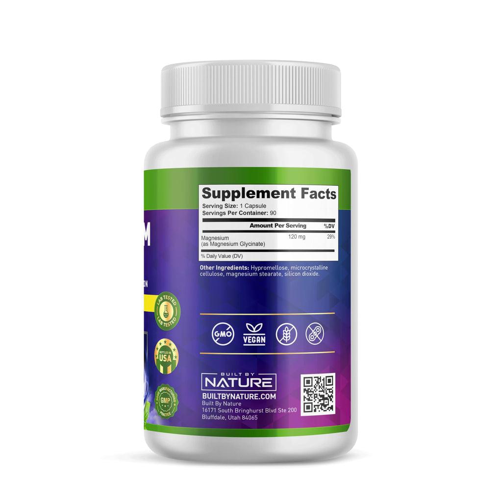 Built By Nature Magnesium Glycinate - Chelated for High Absorption – Supplement to Support Sleep, Muscle, Heart & Nerve Health - 120 mg Magnesium per Serving/Capsule - 90 Capsules Built by NatureBuy Supplements Australia