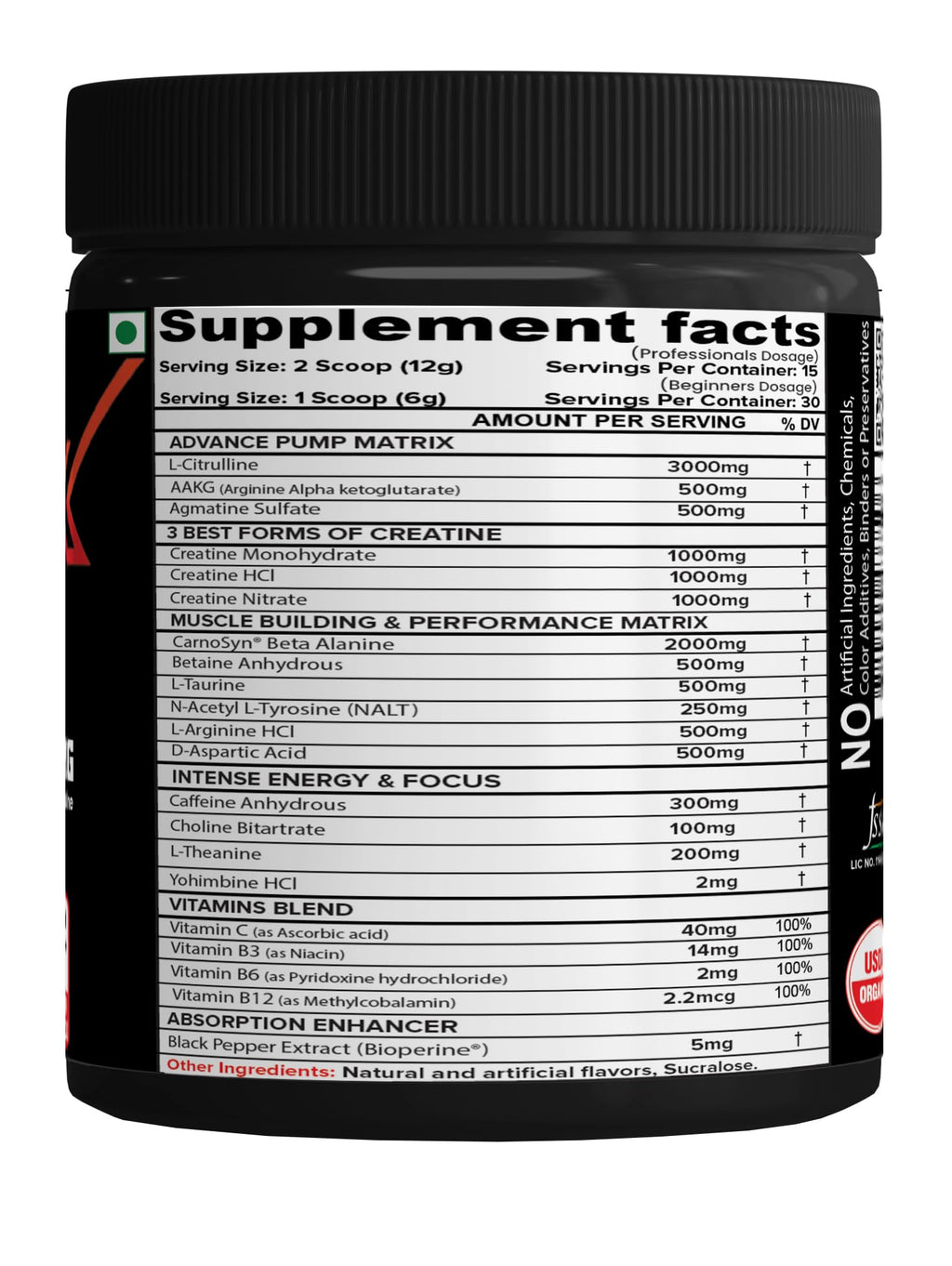 NutriJa Weapon-X Pre-Workout Powder with 21 Active Ingredients - 3 Best Forms of Creatine, AAKG, Beta-Alanine, Caffeinated | Pumps, Viens Popping, Energy, Focus & Strength (30 Servings (Lychee))