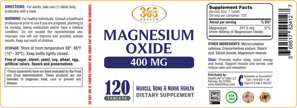 Magnesium 400mg [High Potency] Supplement – Magnesium Oxide for Immune Support, Muscle Recovery, Leg Cramps and Relaxation 120 Tablets-USA Made HEALTH LFEBuy Supplements Australia