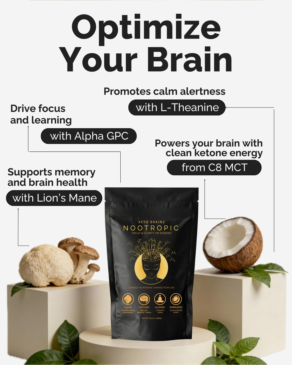 Keto Brainz C8MCT Based Nootropic - with 500mg Lion's Mane Mushroom, AlphaGPC & L-Theanine This is The Ultimate Easy to use nootropic Stack & Makes Delicious Mushroom Coffee! 16oz. 30 Servings Keto BrainzBuy Supplements Australia