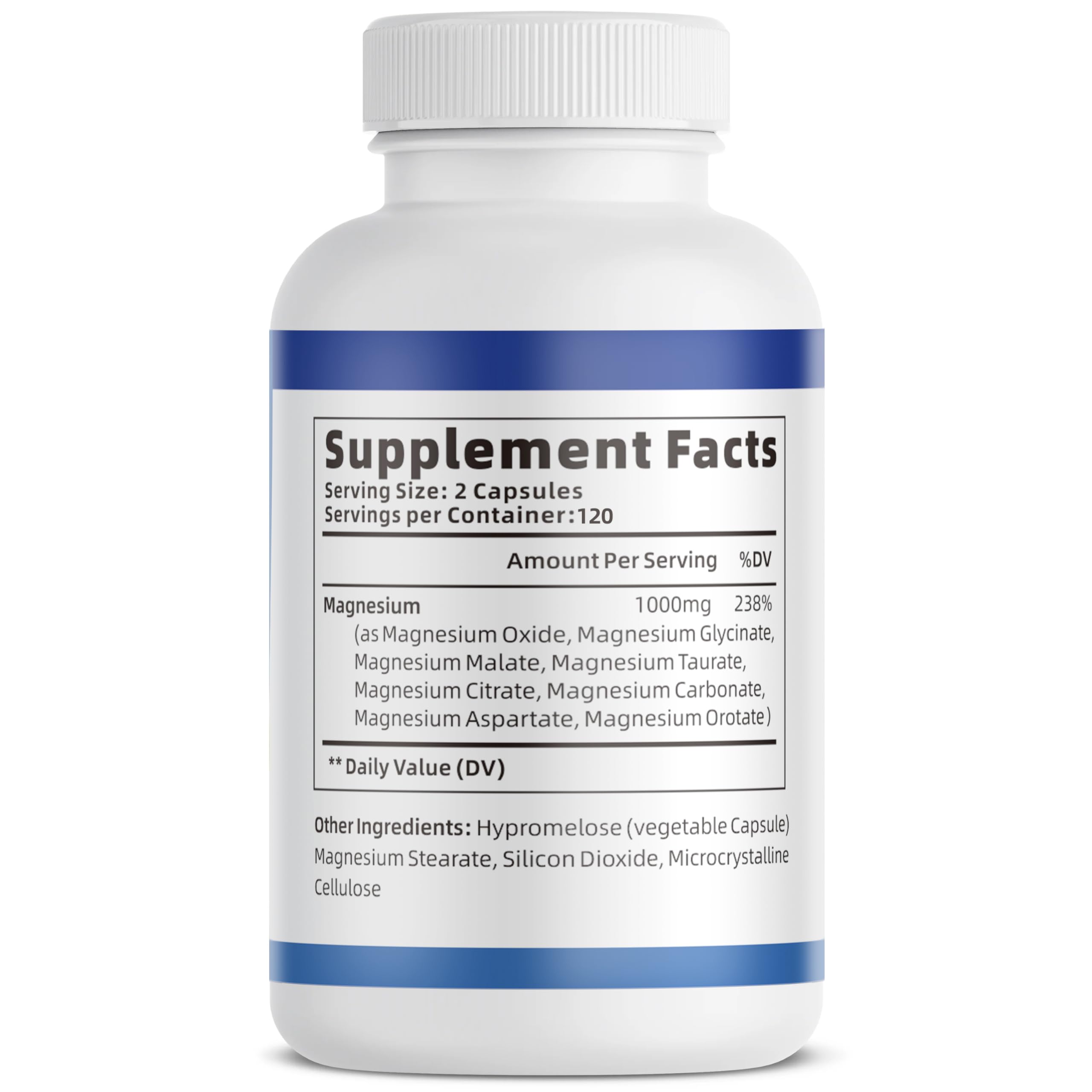 1000mg Magnesium Complex Capsules, 8-in-1 Magnesium Glycinate, Citrate, Malate, Taurate, Oxide, Carbonate, Aspartate, Orotate - 240 Capsules