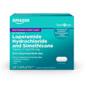 Amazon Basic Care Loperamide Hydrochloride and Simethicone packaging on a white background