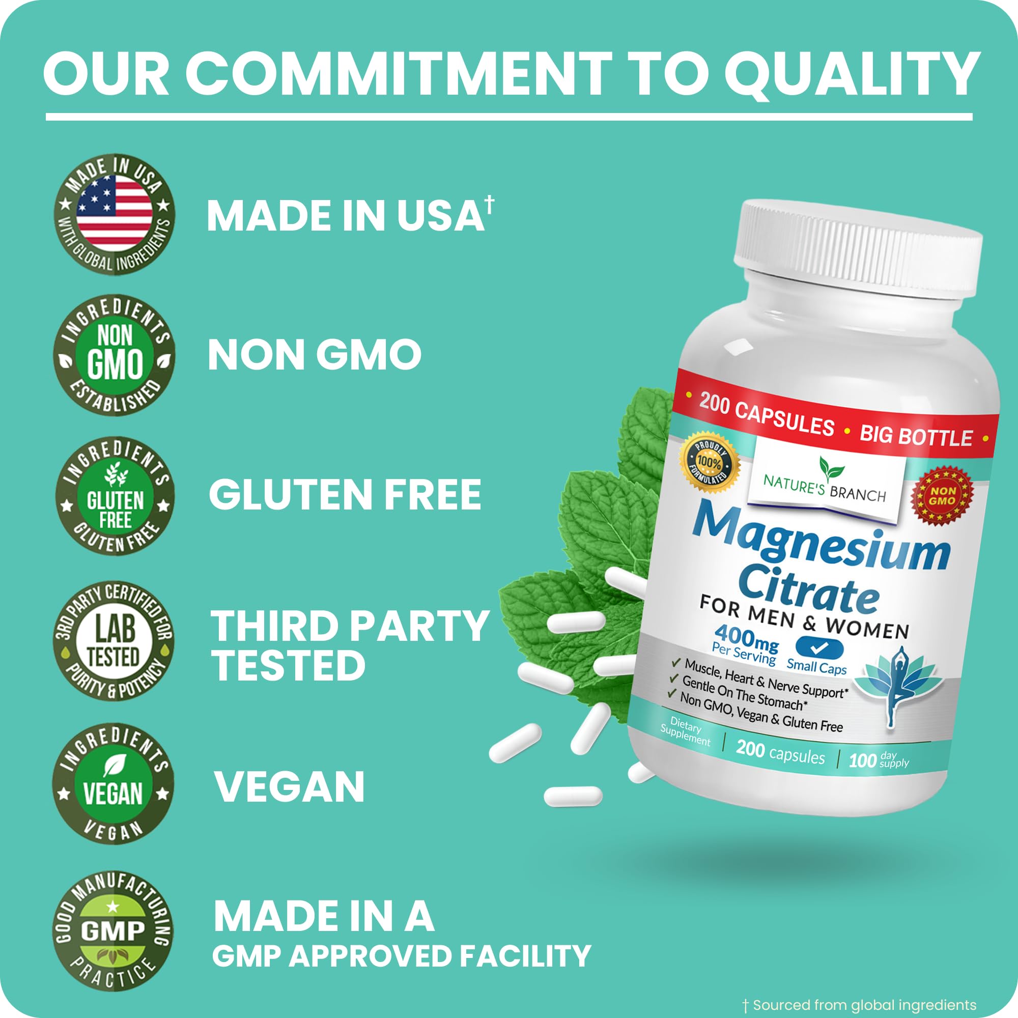 Magnesium Citrate 400mg | 200 Capsules, High Absorption for Sleep, Relax, Leg Cramps, Energy, Extra Strength Easy to Swallow Small Pills for Women & Men, Vegan Supplement for Digestion, Not Tablets NATURE'S BRANCHBuy Supplements Australia