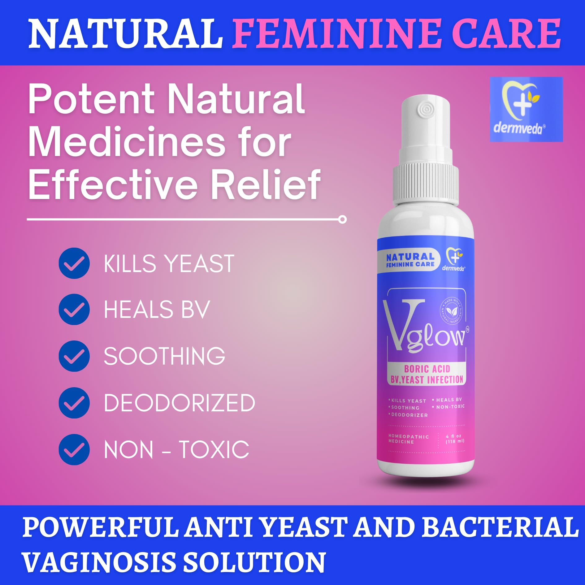 Dermveda Boric Acid BV Relief for Women - Natural Yeast Infection, Odor, Itch Relief Solution - Treats Yeast Infection Symptoms with Effective Boric Acid Formula. DermvedaBuy Supplements Australia