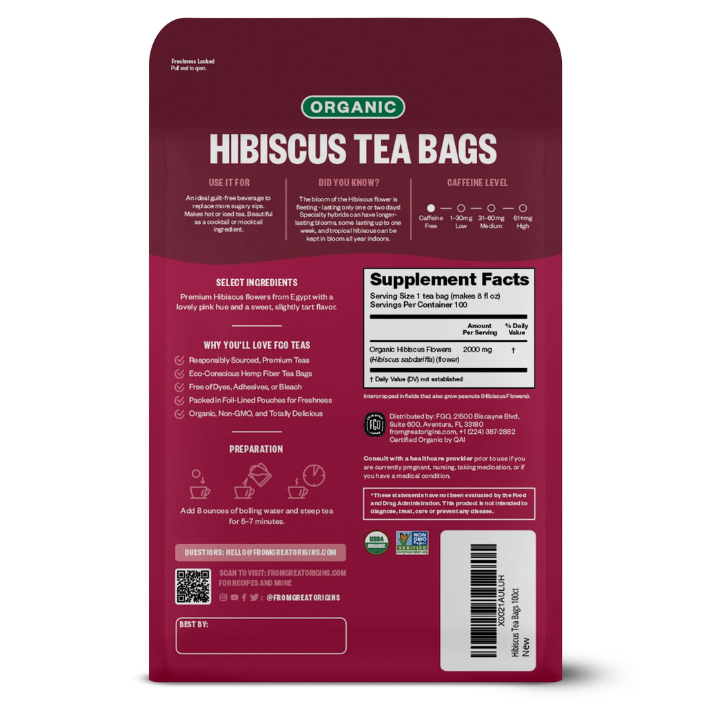 FGO Organic Hibiscus Tea, Eco-Conscious Tea Bags, 100 Count, Packaging May Vary FGOBuy Supplements Australia