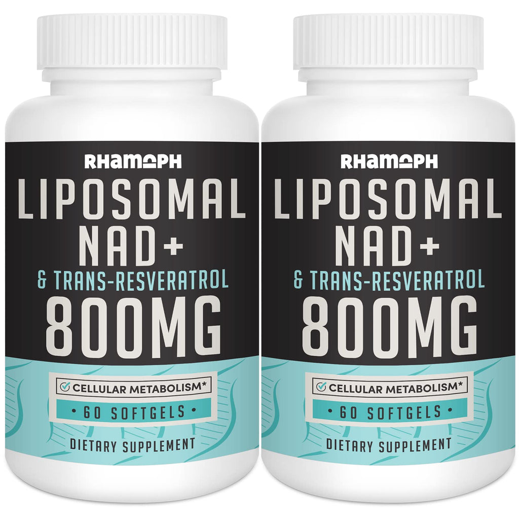 Two bottles of Rhamph Liposomal NAD+ & Trans-Resveratrol 800MG dietary supplements on a white background.