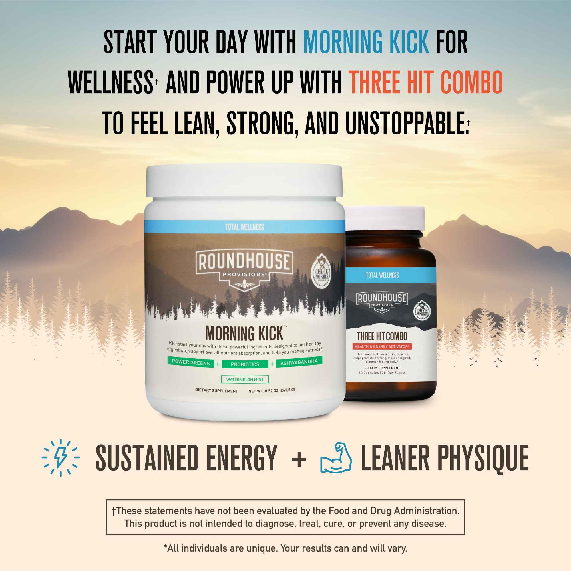 ROUNDHOUSE PROVISION Morning Kick by Chuck Norris - Watermelon Mint Flavor - Greens Superfood Powder with Probiotics, Collagen Peptides & Ashwagandha to Help Support Gut & Joint Health, 3 Pack ROUNDHOUSE PROVISIONBuy Supplements Australia