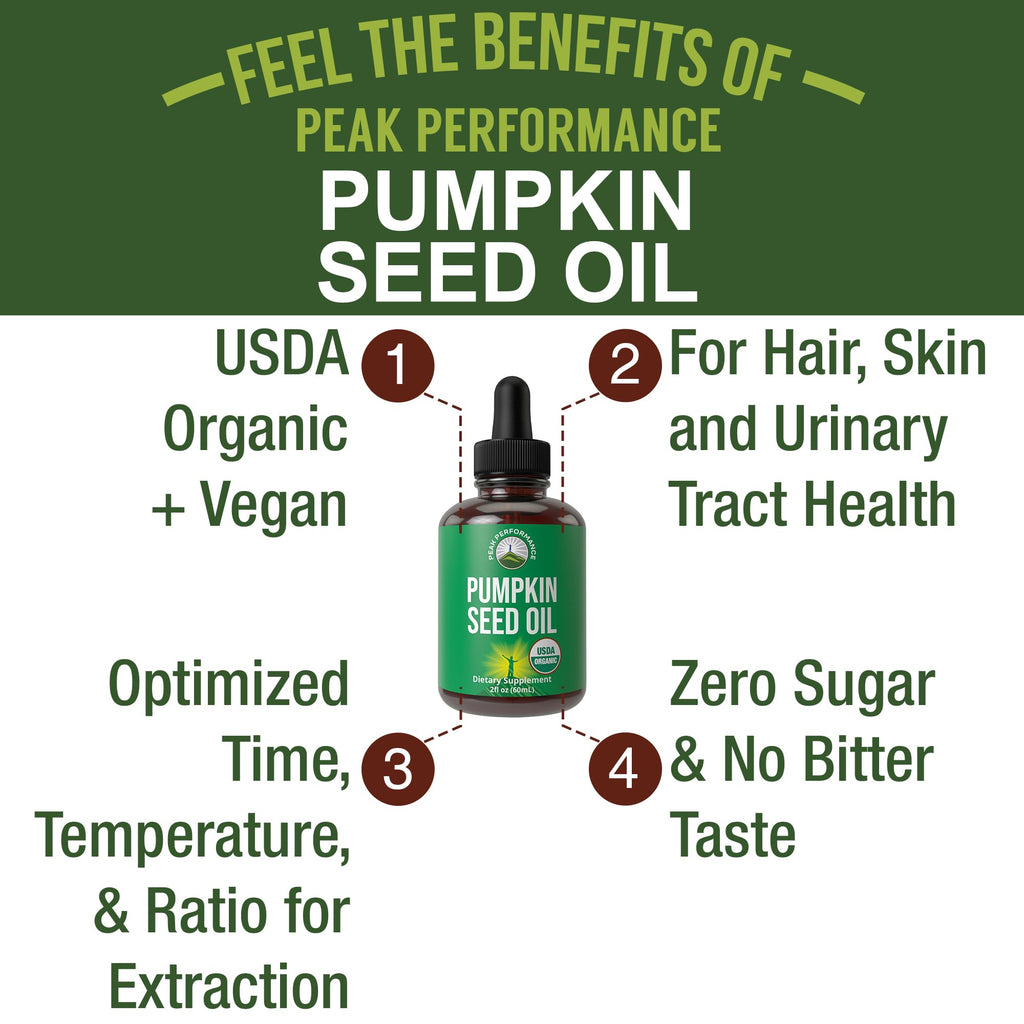 Pumpkin Seed Oil. USDA Organic Vegan Liquid Drops Extract for Women and Men. Supplement for Hair Growth, Skin Health, UT, Prostate Support. Zero Sugar, Gluten Free. Take Orally No Capsules Peak PerformanceBuy Supplements Australia
