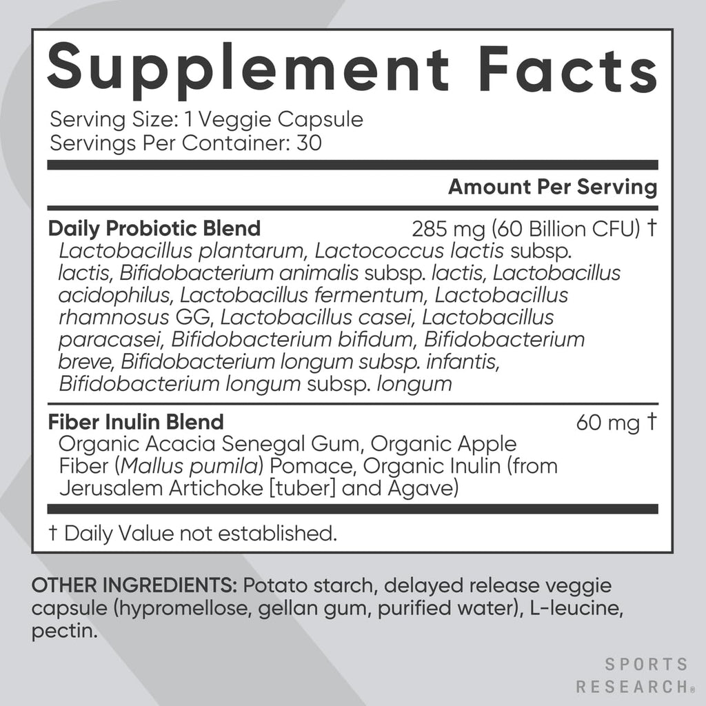 Sports Research Daily Probiotics with Prebiotics, 60 Billion CFU - Vegan Capsules for Gut Health & Digestive Support, Probiotics for Women & Men