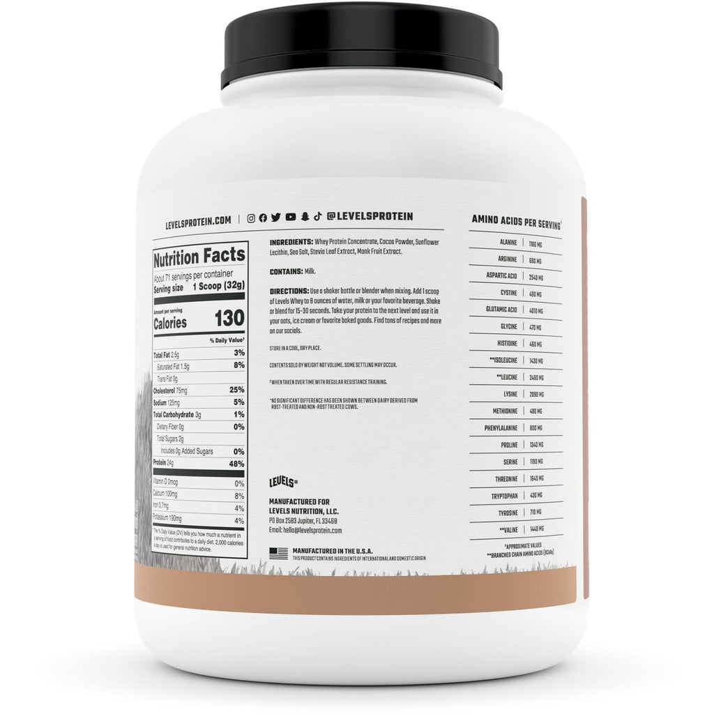 Levels Grass Fed 100% Whey Protein, No Hormones, Pure Chocolate, 5LB Levels NutritionBuy Supplements Australia