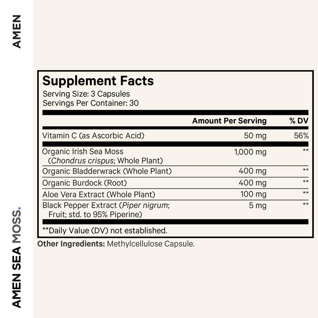Amen Sea Moss Supplement - 1000mg Organic Irish Sea Moss, Bladderwrack, Burdock - Vitamin C, Aloe Vera, Black Pepper - Seaweed Superfood, Vitamins, Minerals, and Antioxidants - Non-GMO - 90 Capsules Amen buy supplements Au