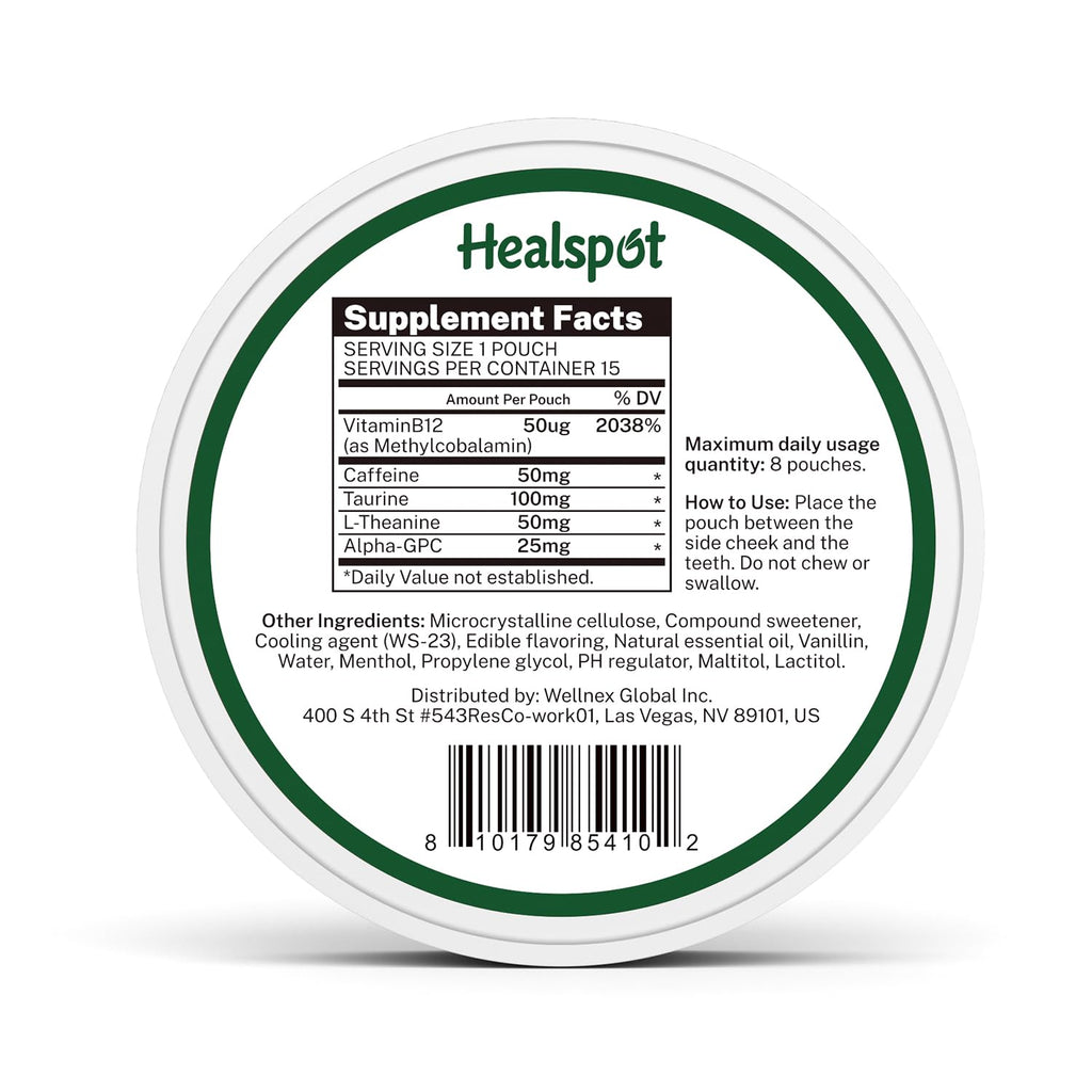 Healspot Nootropic Caffeine Pouches, Energy Pouches with 50mg Caffeine | Taurine | Vitamin B12 | Alpha-GPC | L-Theanine, Focus and Energy Supplements Variety Packs 5 Flavors HealspotBuy Supplements Australia