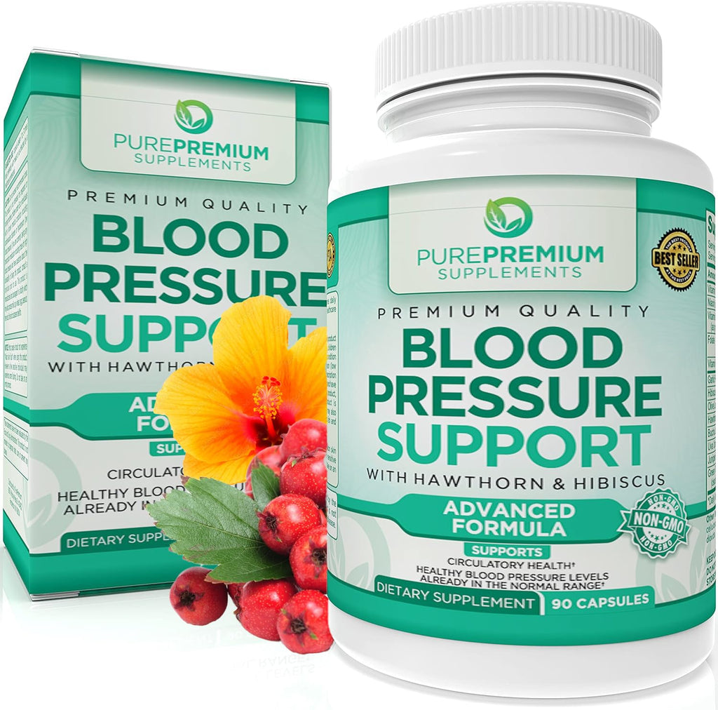 PurePremium Blood Pressure Support Supplement with Hawthorn, Hibiscus & Garlic 