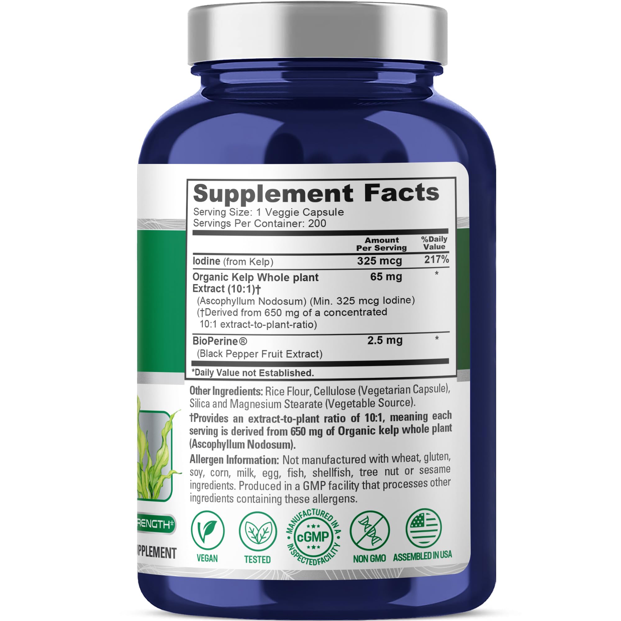 NusaPure Sea Kelp Natural Iodine 325mcg 10:1 Extract, 65 mg Equivalent to 650 mg Capsule 200 Count (Non-GMO, Vegan) NusaPureBuy Supplements Australia