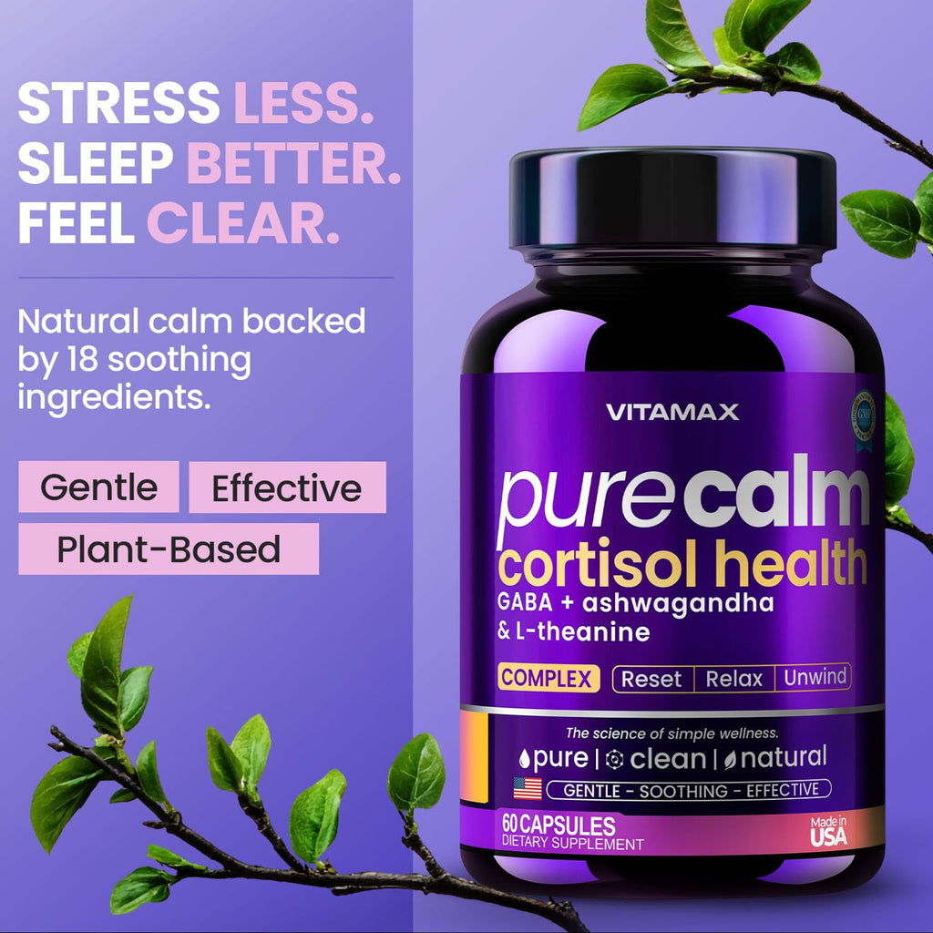 Vitamax Pure Calm Cortisol Supplements for Women - L Theanine, Ashwagandha, GABA for Relaxation, Mood & Stress Support with Ginkgo Biloba, Bacopa Monnieri, 5-HTP – Non-GMO, Made in USA – 60ct VitamaxBuy Supplements Australia