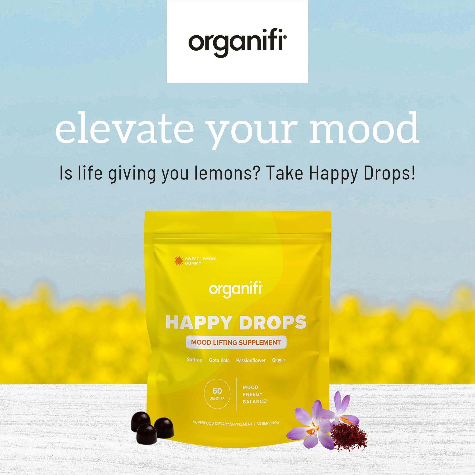 Organifi Happy Drops - Daily Superfood Happy Gummies for Adults - Mood Support Supplement for Balance, Bliss, Energy and Taking the Edge Off - Sweet Lemon Flavor - 60 Gummies Organifi buy supplements Au