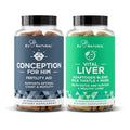 Two dietary supplement bottles labeled 'Conception for Him' and 'Vital Liver' on a white background.