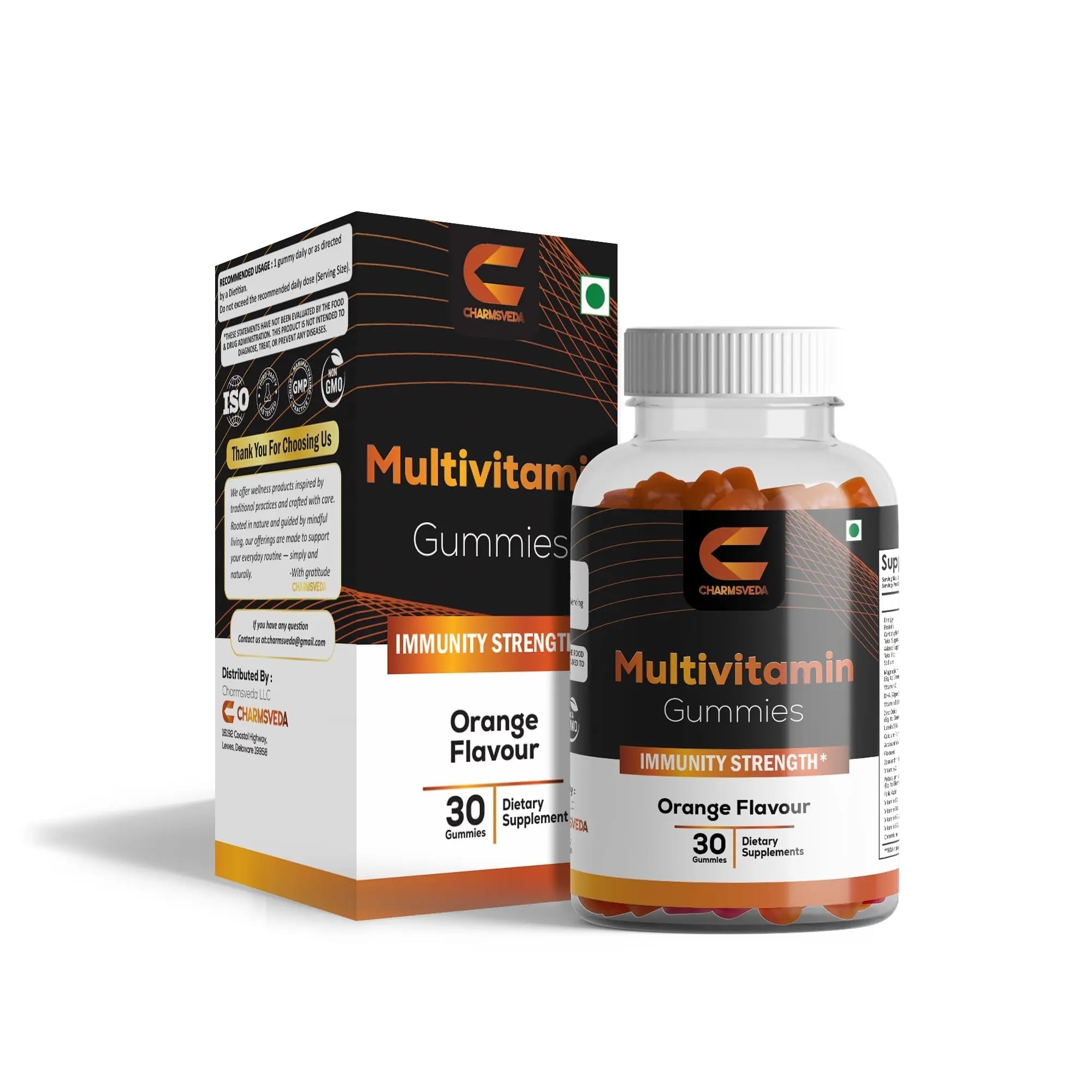 CHARMSVEDA Multivitamin Gummies – Energy, Immunity & Overall Wellness with DHA, Vitamin C, Zinc & Antioxidants – Orange Flavour – 30 Gummies CHARMSVEDA