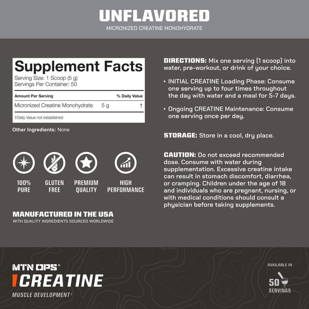 MTN OPS Micronized Creatine Monohydrate Powder – Unflavored 5 g per Serving, 50 Servings – Pure Creatine for Men for Muscle Recovery & Strength Training MTN OPSBuy Supplements Australia