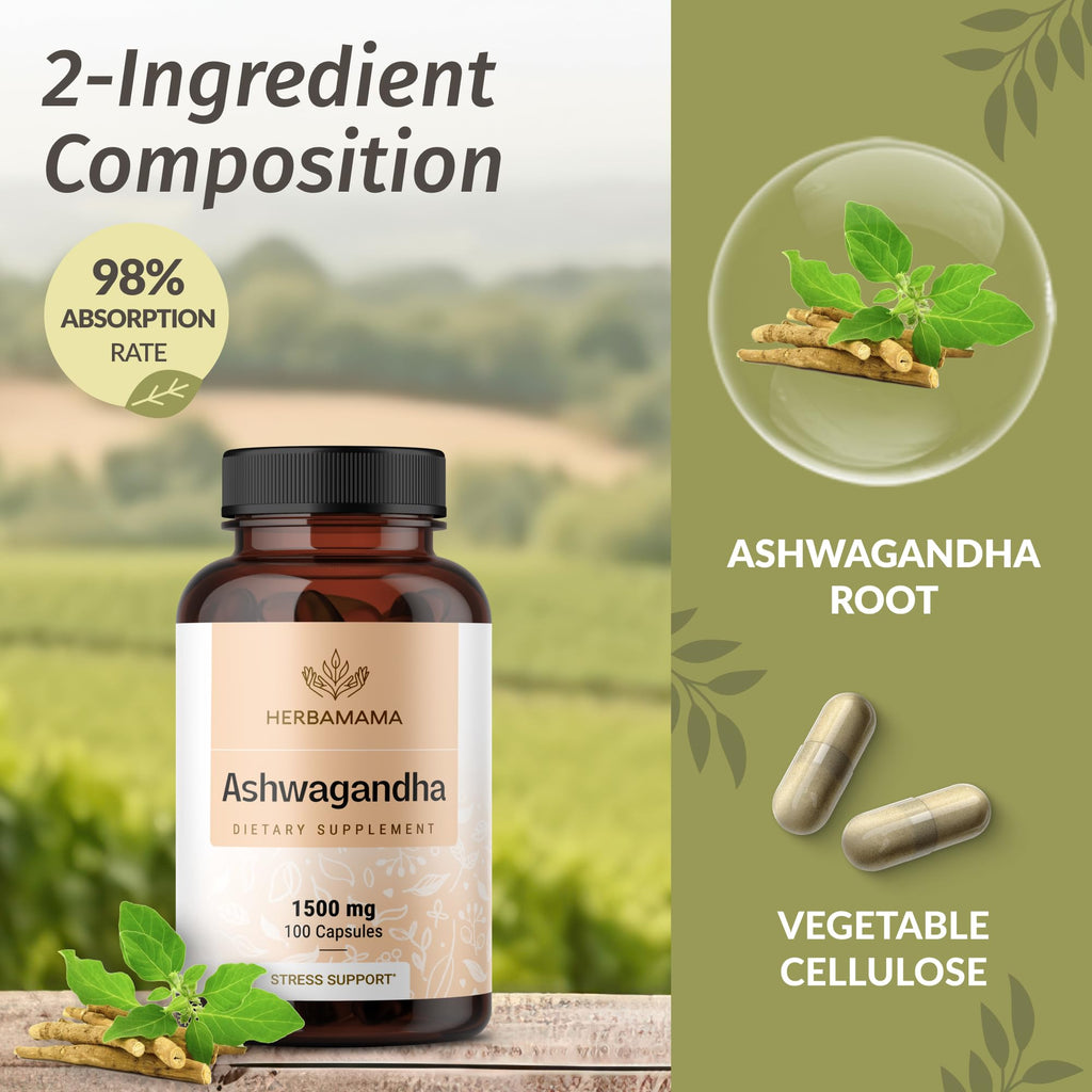 HERBAMAMA Ashwagandha Capsules - 1500mg Pure Ashwagandha Root Focus Supplement - Vegan, Non-GMO Mood & Calm Support Supplement for Adults, 100 Caps HERBAMAMABuy Supplements Australia
