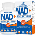 Liposomal NAD+ dietary supplement bottle and packaging on a white background