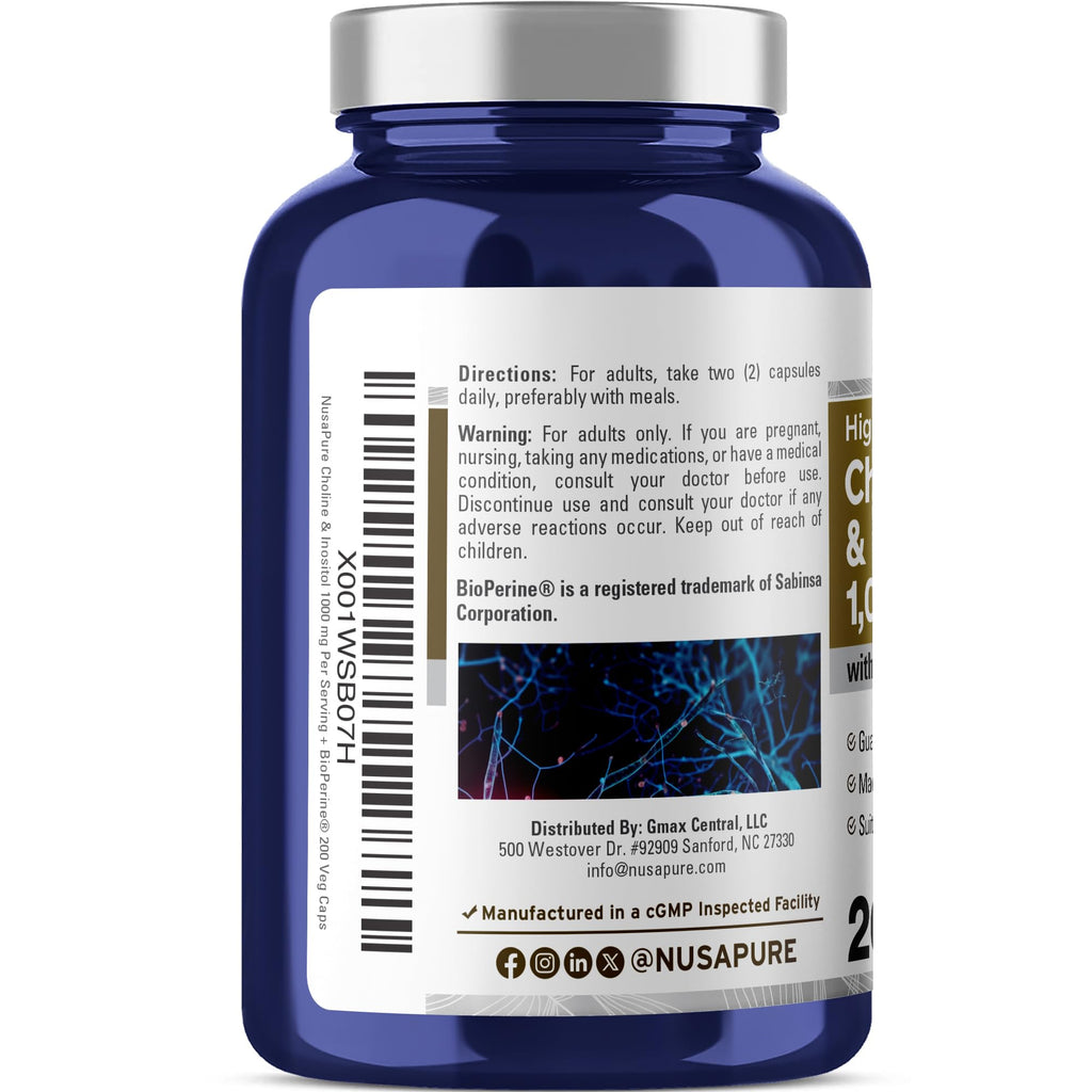NusaPure Choline & Inositol - Suitable for Vegetarian/Vegan, Non - GMO - 1000mg - 200 Veggie Capsules NusaPureBuy Supplements Australia