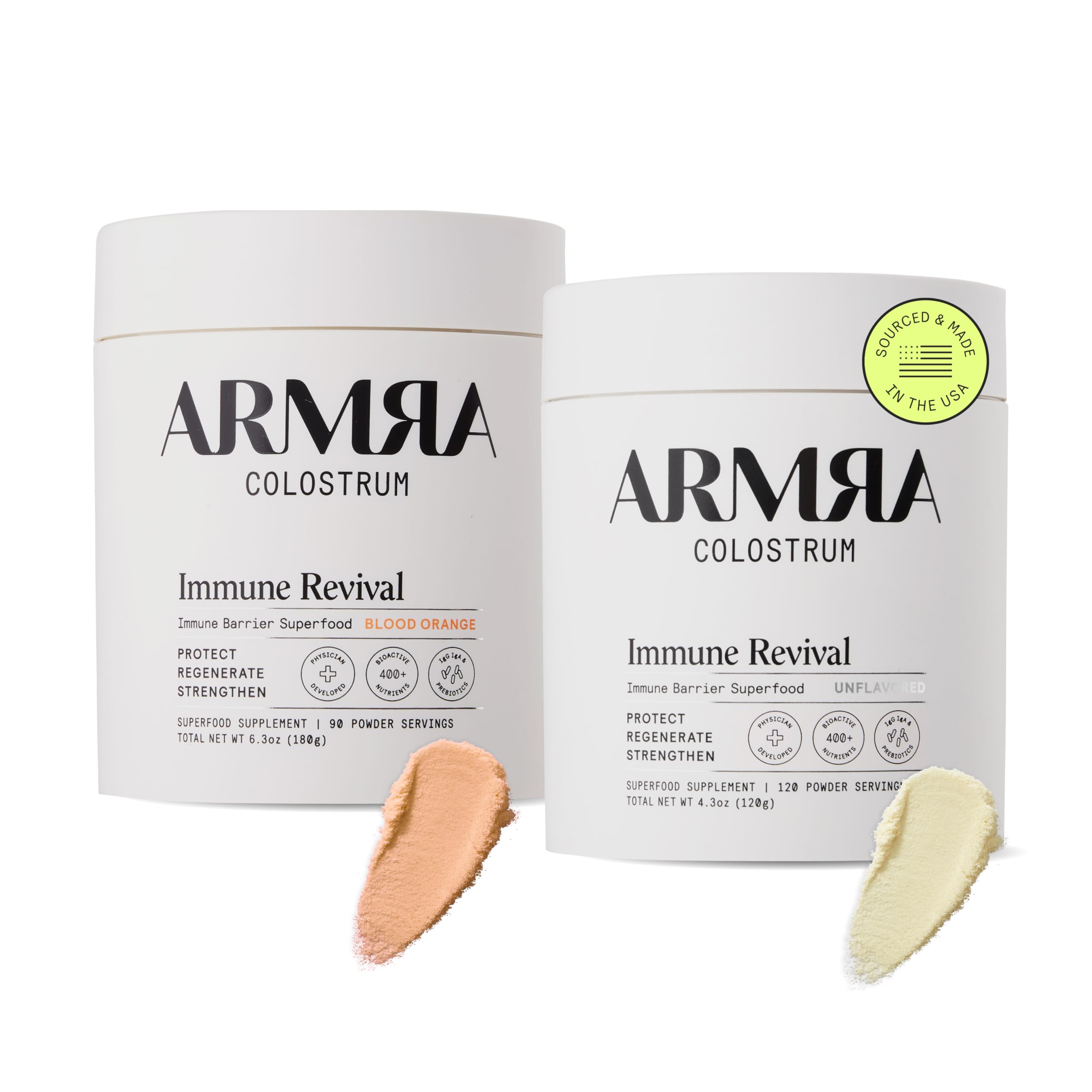 ARMRA Colostrum™ Premium Powder, Grass Fed, Gut Health Bloating Immunity Skin & Hair, Contains 400+ Bioactive Nutrients, Potent Bioavailable, Keto, Gluten & Fat Free (Unflavored and Blood Orange Jars) ARMRABuy Supplements Australia